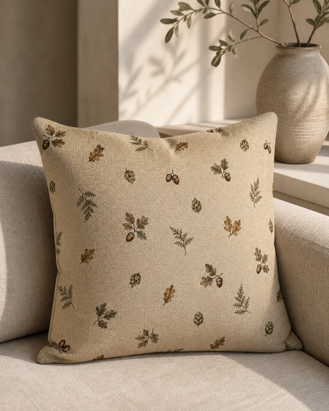 Textured cushion with acorn and fern design in a beige fabric
